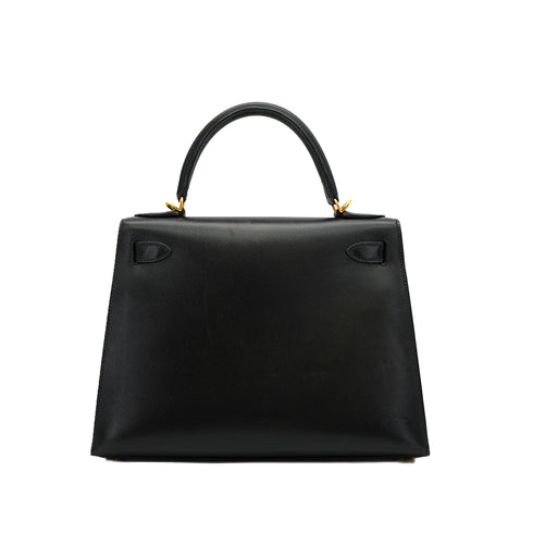 HERMES KELLY 28 SELLIER BLACK BOX CALF HAND SHOULDER BAG 2004 SQUARE H GOLD HARDWARE 90341432