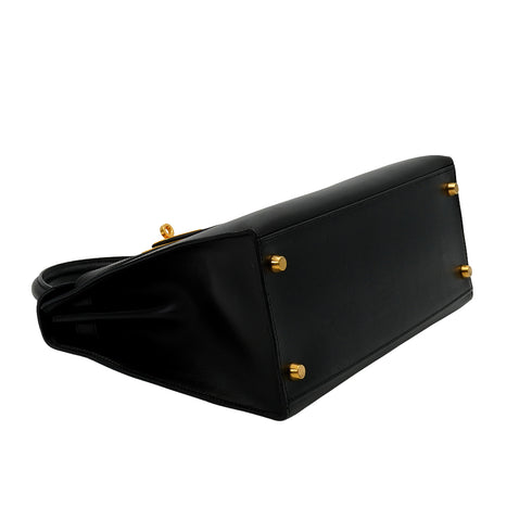 HERMES KELLY 28 SELLIER BLACK BOX CALF HAND SHOULDER BAG 2004 SQUARE H GOLD HARDWARE 90341432