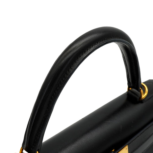 HERMES KELLY 28 SELLIER BLACK BOX CALF HAND SHOULDER BAG 2004 SQUARE H GOLD HARDWARE 90341432