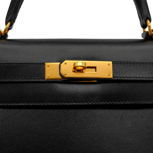 HERMES KELLY 28 SELLIER BLACK BOX CALF HAND SHOULDER BAG 2004 SQUARE H GOLD HARDWARE 90341432