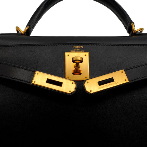HERMES KELLY 28 SELLIER BLACK BOX CALF HAND SHOULDER BAG 2004 SQUARE H GOLD HARDWARE 90341432