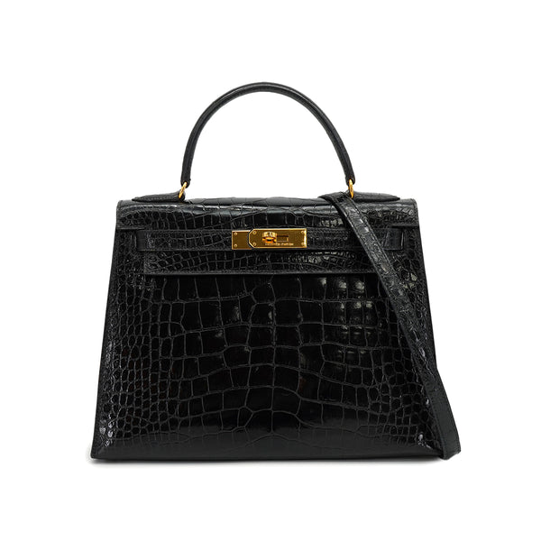 HERMES KELLY 28 SELLIER BLACK CROCODILE ALLIGATOR HAND SHOULDER BAG 1988 CIRCLE R GOLD HARDWARE 90327058