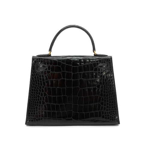 HERMES KELLY 28 SELLIER BLACK CROCODILE ALLIGATOR HAND SHOULDER BAG 1988 CIRCLE R GOLD HARDWARE 90327058