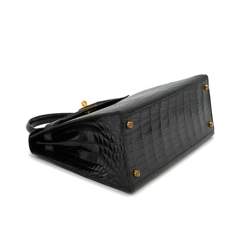 HERMES KELLY 28 SELLIER BLACK CROCODILE ALLIGATOR HAND SHOULDER BAG 1988 CIRCLE R GOLD HARDWARE 90327058