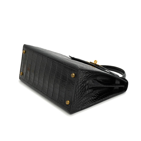 HERMES KELLY 28 SELLIER BLACK CROCODILE ALLIGATOR HAND SHOULDER BAG 1988 CIRCLE R GOLD HARDWARE 90327058