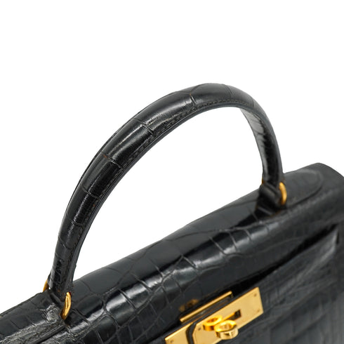 HERMES KELLY 28 SELLIER BLACK CROCODILE ALLIGATOR HAND SHOULDER BAG 1988 CIRCLE R GOLD HARDWARE 90327058