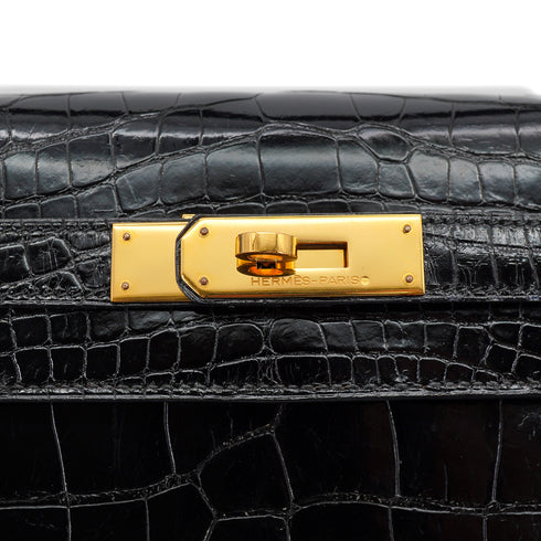 HERMES KELLY 28 SELLIER BLACK CROCODILE ALLIGATOR HAND SHOULDER BAG 1988 CIRCLE R GOLD HARDWARE 90327058