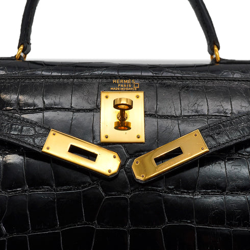 HERMES KELLY 28 SELLIER BLACK CROCODILE ALLIGATOR HAND SHOULDER BAG 1988 CIRCLE R GOLD HARDWARE 90327058