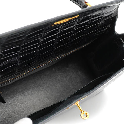 HERMES KELLY 28 SELLIER BLACK CROCODILE ALLIGATOR HAND SHOULDER BAG 1988 CIRCLE R GOLD HARDWARE 90327058