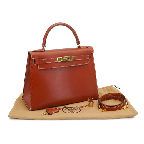 HERMES KELLY 28 SELLIER BRIQUE BOX CALF HAND SHOULDER BAG 1992 CIRCLE V GOLD HARDWARE 90335477