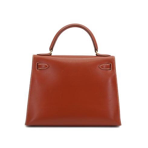 HERMES KELLY 28 SELLIER BRIQUE BOX CALF HAND SHOULDER BAG 1992 CIRCLE V GOLD HARDWARE 90335477