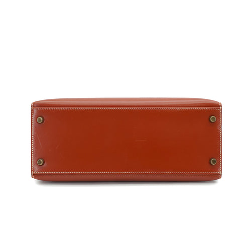 HERMES KELLY 28 SELLIER BRIQUE BOX CALF HAND SHOULDER BAG 1992 CIRCLE V GOLD HARDWARE 90335477