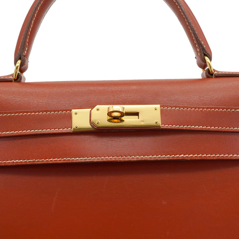 HERMES KELLY 28 SELLIER BRIQUE BOX CALF HAND SHOULDER BAG 1992 CIRCLE V GOLD HARDWARE 90335477
