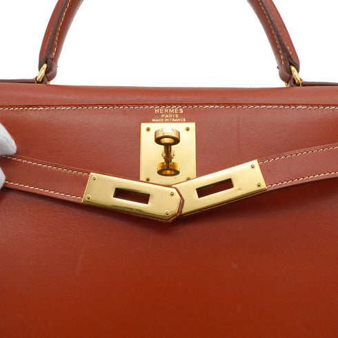 HERMES KELLY 28 SELLIER BRIQUE BOX CALF HAND SHOULDER BAG 1992 CIRCLE V GOLD HARDWARE 90335477