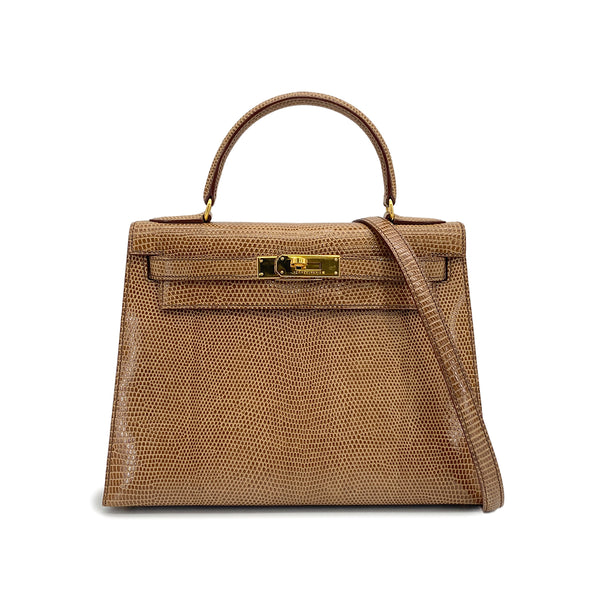 HERMES KELLY 28 SELLIER BROWN LIZARD HAND SHOULDER BAG 1995 CIRCLE Y GOLD HARDWARE 90325605
