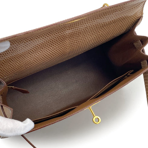 HERMES KELLY 28 SELLIER BROWN LIZARD HAND SHOULDER BAG 1995 CIRCLE Y GOLD HARDWARE 90325605