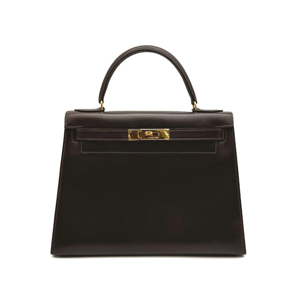 HERMES KELLY 28 SELLIER CHOCOLAT BOXCALF HAND BAG 1977 CIRCLE G GOLD HARDWRE 90329202