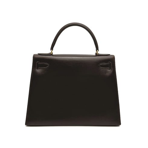 HERMES KELLY 28 SELLIER CHOCOLAT BOXCALF HAND BAG 1977 CIRCLE G GOLD HARDWRE 90329202