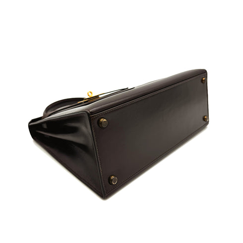 HERMES KELLY 28 SELLIER CHOCOLAT BOXCALF HAND BAG 1977 CIRCLE G GOLD HARDWRE 90329202