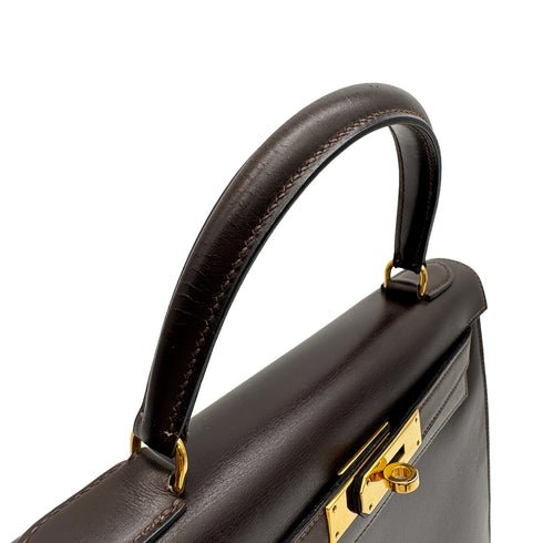 HERMES KELLY 28 SELLIER CHOCOLAT BOXCALF HAND BAG 1977 CIRCLE G GOLD HARDWRE 90329202