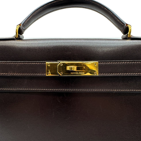 HERMES KELLY 28 SELLIER CHOCOLAT BOXCALF HAND BAG 1977 CIRCLE G GOLD HARDWRE 90329202