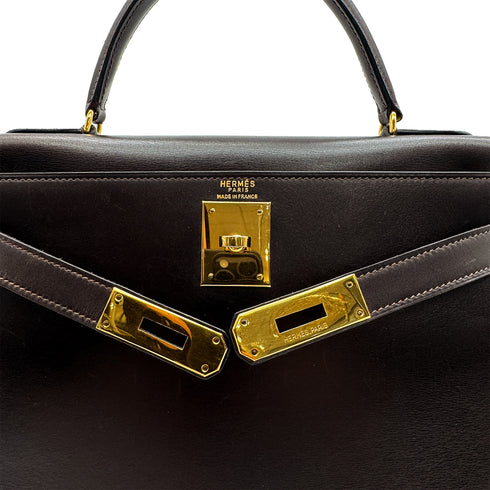 HERMES KELLY 28 SELLIER CHOCOLAT BOXCALF HAND BAG 1977 CIRCLE G GOLD HARDWRE 90329202