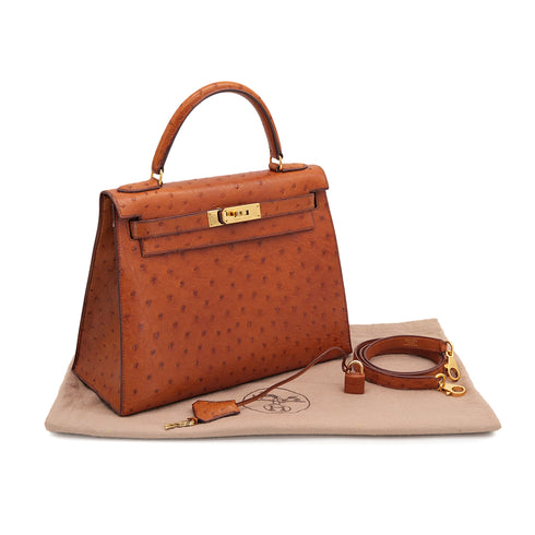 HERMES KELLY 28 SELLIER COGNAC OSTRICH HAND SHOULDER BAG 1992 CIRCLE V GOLD HARDWRE 90322280