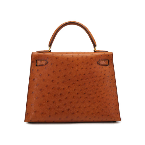 HERMES KELLY 28 SELLIER COGNAC OSTRICH HAND SHOULDER BAG 1992 CIRCLE V GOLD HARDWRE 90322280