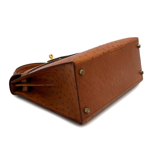 HERMES KELLY 28 SELLIER COGNAC OSTRICH HAND SHOULDER BAG 1992 CIRCLE V GOLD HARDWRE 90322280