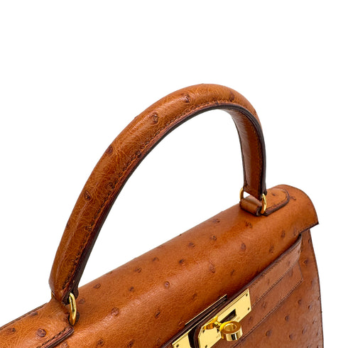 HERMES KELLY 28 SELLIER COGNAC OSTRICH HAND SHOULDER BAG 1992 CIRCLE V GOLD HARDWRE 90322280