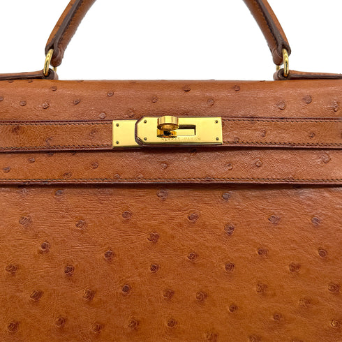 HERMES KELLY 28 SELLIER COGNAC OSTRICH HAND SHOULDER BAG 1992 CIRCLE V GOLD HARDWRE 90322280