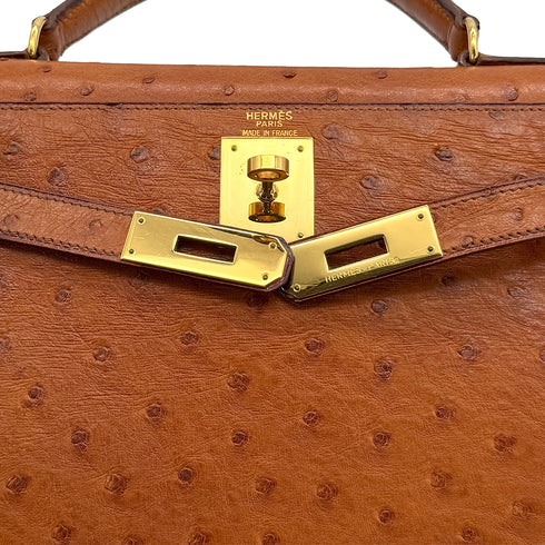 HERMES KELLY 28 SELLIER COGNAC OSTRICH HAND SHOULDER BAG 1992 CIRCLE V GOLD HARDWRE 90322280