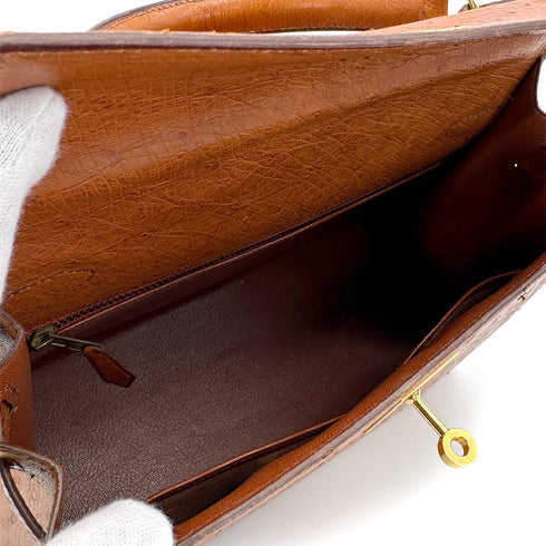 HERMES KELLY 28 SELLIER COGNAC OSTRICH HAND SHOULDER BAG 1992 CIRCLE V GOLD HARDWRE 90322280