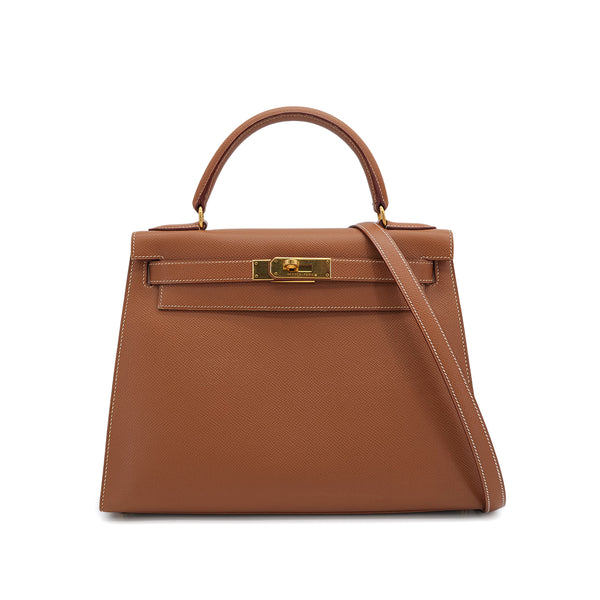 HERMES KELLY 28 SELLIER GOLD COURCHEVEL HAND SHOULDER BAG 1997 SQUARE A GOLD HARDWARE 90323089