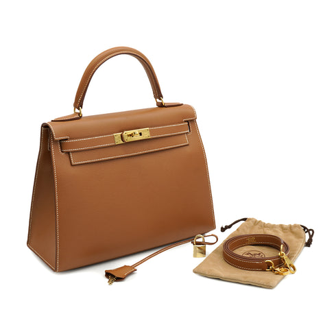 HERMES KELLY 28 SELLIER GOLD COURCHEVEL HAND SHOULDER BAG 1998 SQUARE B GOLD HARDWARE 90331393