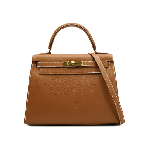 HERMES KELLY 28 SELLIER GOLD COURCHEVEL HAND SHOULDER BAG 1998 SQUARE B GOLD HARDWARE 90331393