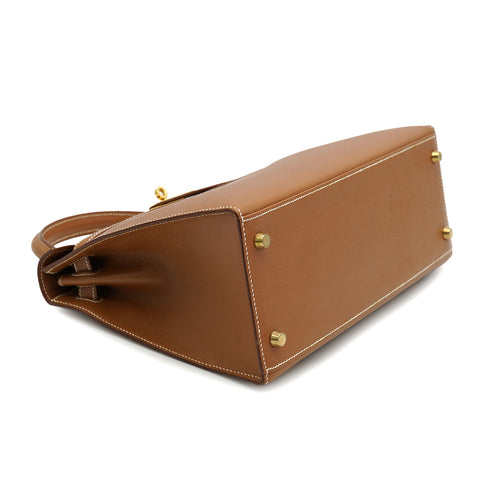 HERMES KELLY 28 SELLIER GOLD COURCHEVEL HAND SHOULDER BAG 1998 SQUARE B GOLD HARDWARE 90331393