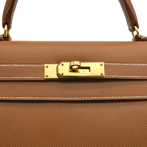 HERMES KELLY 28 SELLIER GOLD COURCHEVEL HAND SHOULDER BAG 1998 SQUARE B GOLD HARDWARE 90331393