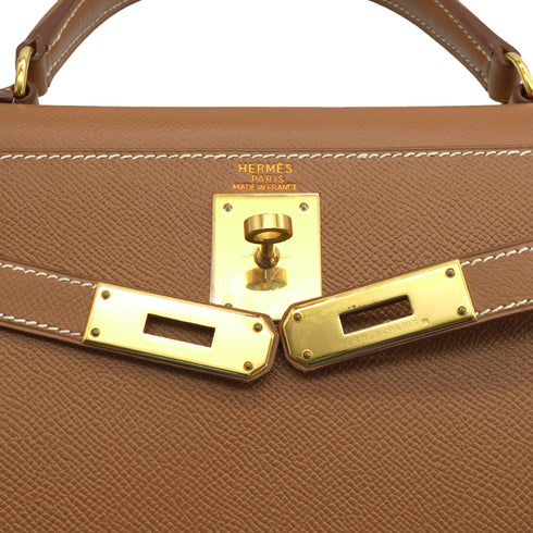 HERMES KELLY 28 SELLIER GOLD COURCHEVEL HAND SHOULDER BAG 1998 SQUARE B GOLD HARDWARE 90331393