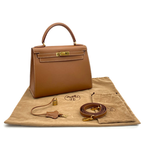 HERMES KELLY 28 SELLIER GOLD COURCHEVEL HAND SHOULDER BAG 1998 SQUARE B GOLD HARDWARE 90327387