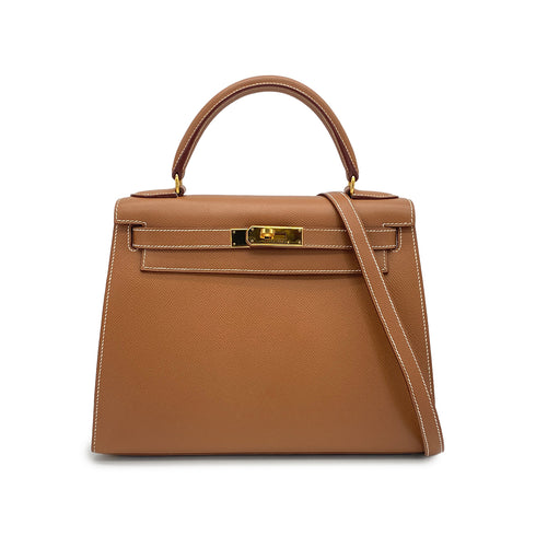 HERMES KELLY 28 SELLIER GOLD COURCHEVEL HAND SHOULDER BAG 1998 SQUARE B GOLD HARDWARE 90327387