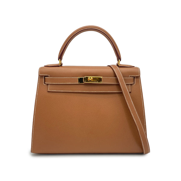 HERMES KELLY 28 SELLIER GOLD COURCHEVEL HAND SHOULDER BAG 1998 SQUARE B GOLD HARDWARE 90327387