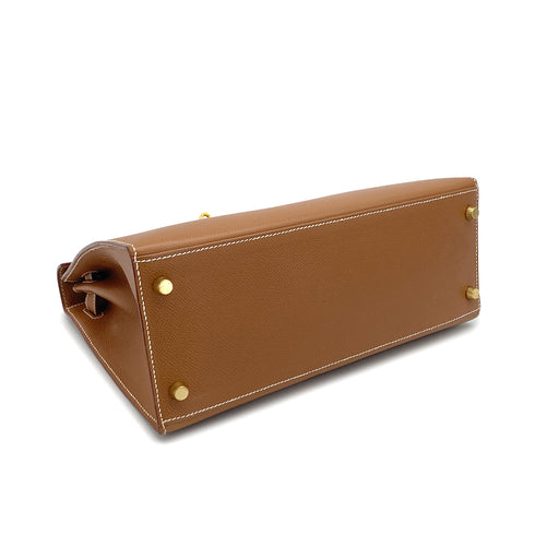 HERMES KELLY 28 SELLIER GOLD COURCHEVEL HAND SHOULDER BAG 1998 SQUARE B GOLD HARDWARE 90327387
