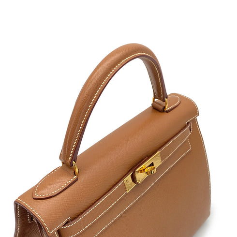 HERMES KELLY 28 SELLIER GOLD COURCHEVEL HAND SHOULDER BAG 1998 SQUARE B GOLD HARDWARE 90327387