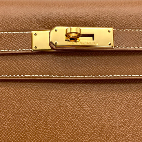 HERMES KELLY 28 SELLIER GOLD COURCHEVEL HAND SHOULDER BAG 1998 SQUARE B GOLD HARDWARE 90327387