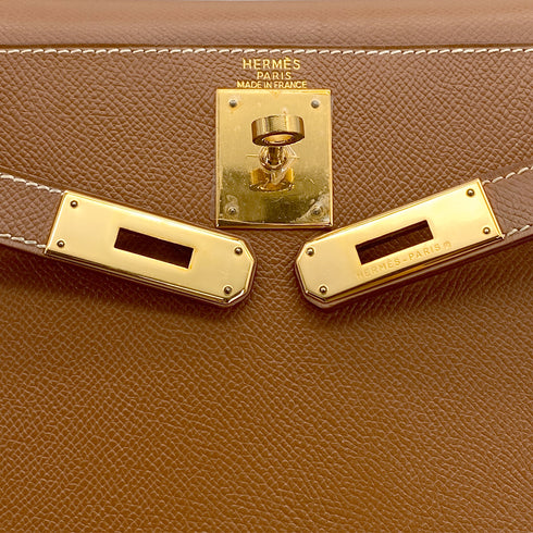 HERMES KELLY 28 SELLIER GOLD COURCHEVEL HAND SHOULDER BAG 1998 SQUARE B GOLD HARDWARE 90327387