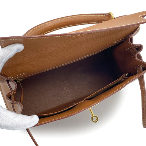 HERMES KELLY 28 SELLIER GOLD COURCHEVEL HAND SHOULDER BAG 1998 SQUARE B GOLD HARDWARE 90327387