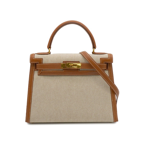 HERMES KELLY 28 SELLIER GOLD TOILE H COUCHEVEL HAND SHOULDER BAG 1994 CIRCLE X GOLD HARDWARE 90344568
