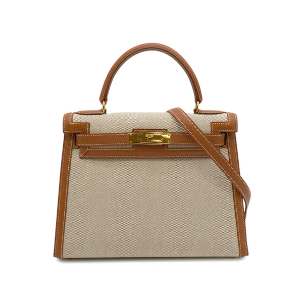 HERMES KELLY 28 SELLIER GOLD TOILE H COUCHEVEL HAND SHOULDER BAG 1994 CIRCLE X GOLD HARDWARE 90344568