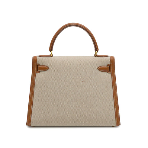 HERMES KELLY 28 SELLIER GOLD TOILE H COUCHEVEL HAND SHOULDER BAG 1994 CIRCLE X GOLD HARDWARE 90344568